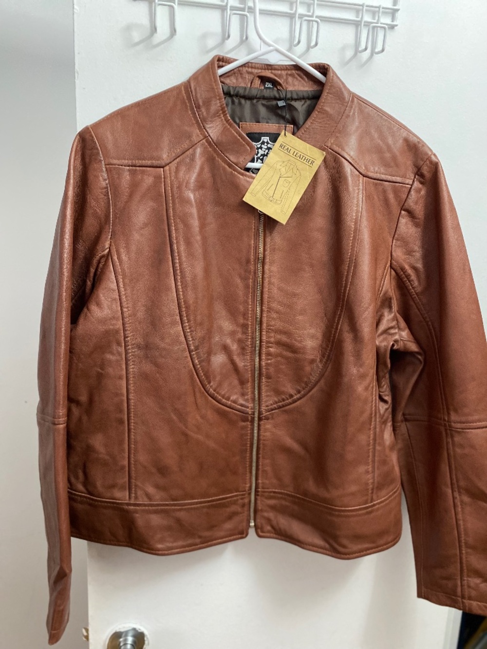 Minimalist Real Leather Cognac Brown Moto Jacket 2XL